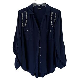 Rock & Republic beaded button down blouse V-neck roll tab sleeve size XL navy